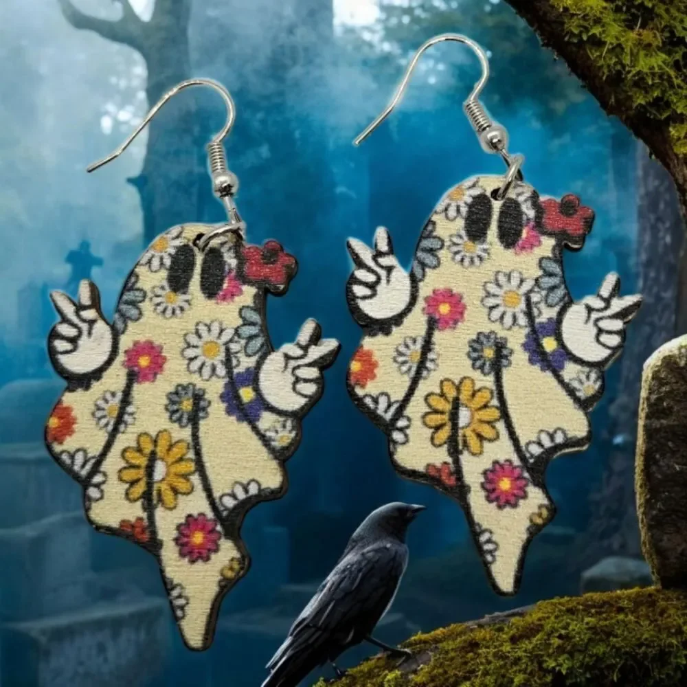 Ghost Peace Earrings Cute Spooky Halloween Jewelry Wooden Dangle Hippie Gothic